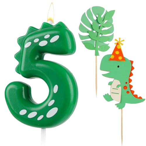AIBAOBAO velas de cumpleaños con números 5, dinosaurios y 2 decoraciones para tartas