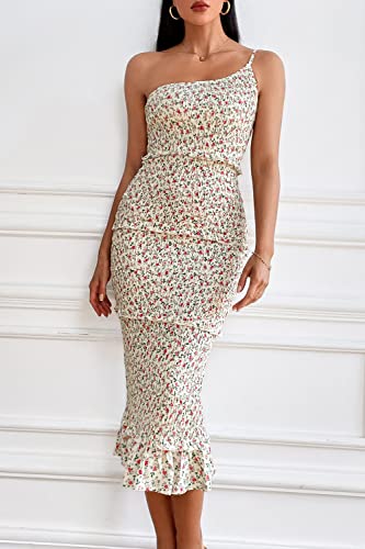 Prettygarden Women's Summer Midi Bodycon Dresses One Shoulder Strappy Tiered Ruffle Floral Boho Sun Dress (Beige Floral,Small) #TOP7