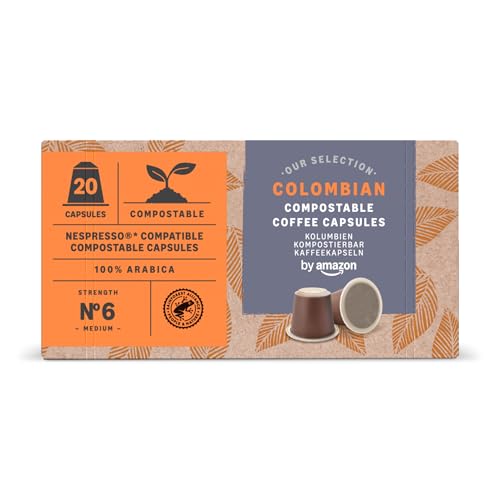 By Amazon Hauskompostierbare Kaffeekapseln, kompatibel mit Nespresso, 100 % kolumbianischer Arabica, 20 Stück – Rainforest Alliance-zertifiziert