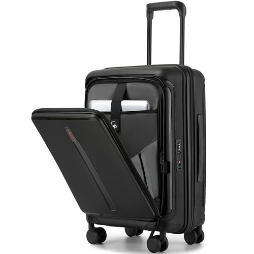 20“ Expandable Carry on Luggage Front Opening, 22x14x9 Airline Approved Hardshell Spinner Carry-on Suitcase with Wheels, TSA Lock, Lightweight Durable Travel Luggage (Black, 20 inch)