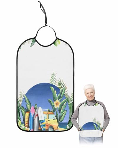 LEOKOTI Camper Coastal Surfing Adult Bibs for Eating, Waterproof Bibs with Food Catcher & Adjustable Snap Closure, Summer Beach Palm Leaf Tropical Washable Clothing Protectors Adult Bibs for Elderly