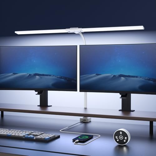 YICAIZI Lampara de Escritorio de LED 24W con Control Remoto - 1500LM 80CM Flexo LED Escritorio con Pinza Luz Leer Puerto de carga USB para Estudiar, Oficina, Blanco