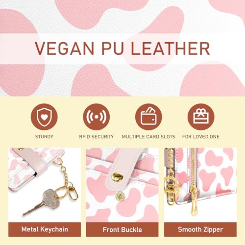 Image of Jogjam Rfid Women Wallet, Small Slim Thin Credit Card Wallet, PU Leather Bifold Cash Zipper Coin Pocket ID Window, for Female Ladies Teen Girls Girly Gifts, Pink Cow Print, Modern