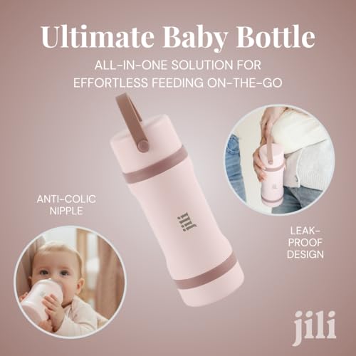 Image of Jili All-in-One Baby Bottle, Insulated Stainless Steel Bottle with Formula Container, Anti-Colic Nipple, and Leak-Proof Lid, Baby Essentials for Travel, BPA and Phthalates-Free, Rose, 8 oz.