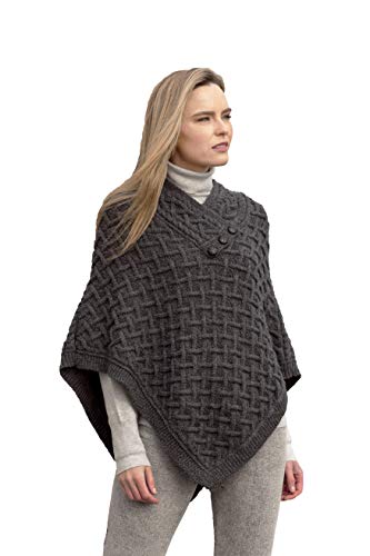 Aran Crafts Women's Irish Cable Knit Wool Nua Button Poncho (N101-S/M-CHAR) Charcoal