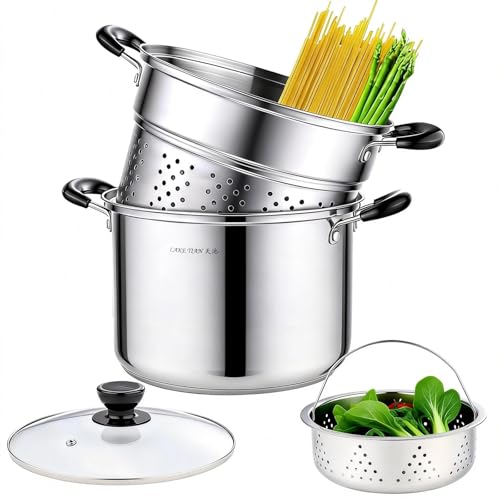 Lake Tian Stainless Steel Pasta Pot With Strainer Insert 4pc 10 Quart, Steamer for cooking, Spaghetti Pot, Stock & Pasta Pots Multipots, Steamer Set With Basket With Lid, Induction Compatible