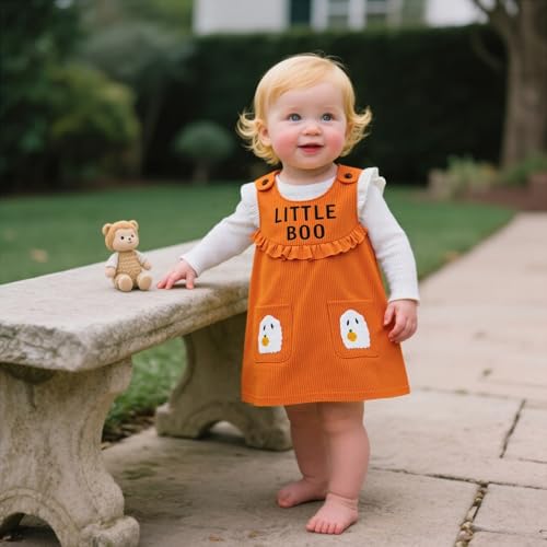 Baby Girl Halloween Outfits Ruffle Long Sleeve Ribbed Romper Overall Dress Headband 3Pcs Cute Fall Clothes4