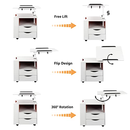 Dansion Bedside Table Workstation, Adjustable Swivel Tilt Wooden Nightstand Laptop Desk With Drawers And Magazine Holder, Laptop Cart With Wheels, White #TOP3