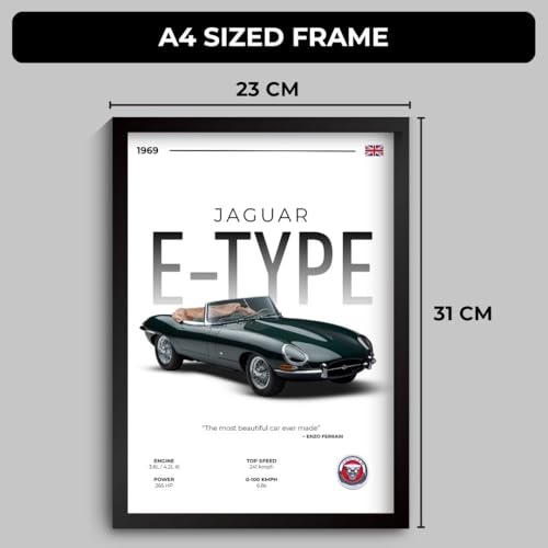 Image of Jaguar E Type Poster | Framed E Type A4 Sized (31 x 23 cm) | Jaguar Car Poster for Wall, Gift for Boys, Vintage Frames | Classic Car Posters for Wall, Bedroom, Hostel, Study Area, Hostel (F 029)