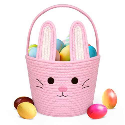 Easter Baskets for Kids,Pink Bunny Woven Storage Basket for Egg Hunting,Rabbit Toy Storage Container Organization for Egg Hunts,Easter Gifts for Kids Boys Girls