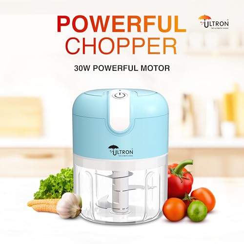 Image of ULTRON Electric Chopper USB Rechargeable | 30W Powerful Motor | 250ml Mini Vegetable Chopper | Stainless Steel Blades | One-Touch Operation | BPA Free Container | Portable Kitchen Chopper (Blue)