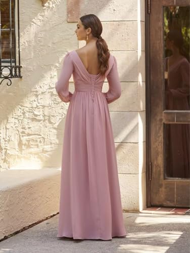 Long Sleeves Bridesmaid Dresses with Slit Chiffon Formal Party Gowns with Pockets for Women RO0073