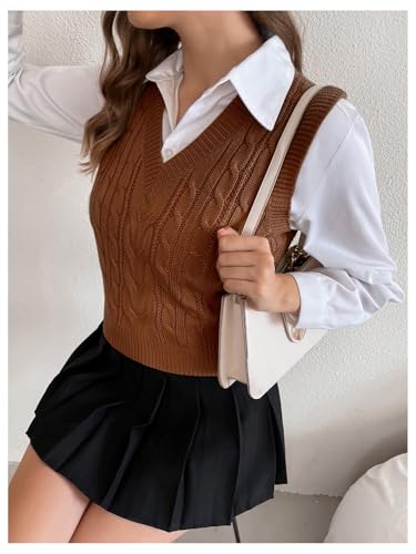 Image of Milumia Women's Cable Knit V Neck Sweater Vest Sleeveless Ribbed Crop Tank Top