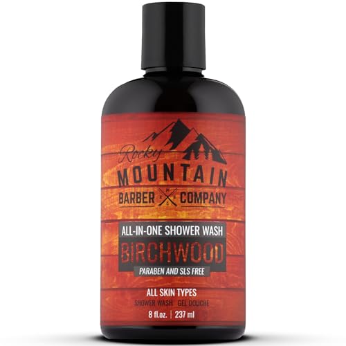 Rocky Mountain Barber Company Birchwood All-In-One Body Wash – Shampoo, Body Wash, Conditioner, Face Wash & Beard Wash with Essential Oils - 8 oz