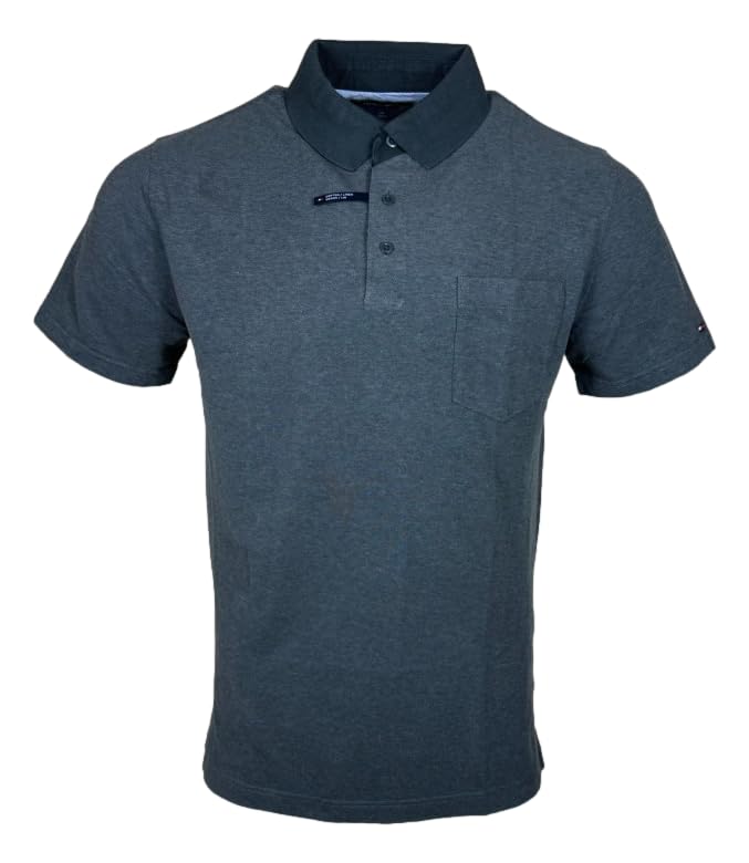 Tommy Hilfiger Men's Slim Fit Linen-Cotton Pocket Mesh Polo Shirt (Black/Iron (Slim Fit), M)