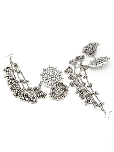 Image of Karatcart Oxidised Silver Floral Kundan Kaanchain Jhumki Earrings For womens