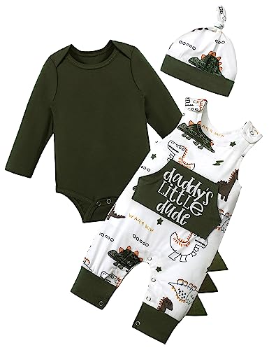 Image of Aulyffo Baby Boy Clothes 3-6 Months - 3Pcs Outfits Long Sleeve Green Dinosaur Romper with Hat