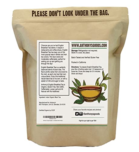 Anthony's Organic English Breakfast Loose Leaf Tea, 1 Lb, Gluten Free, Non Gmo, Non Irradiated, Keto Friendly #TOP1