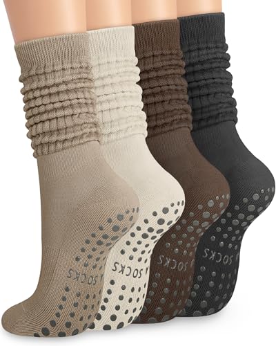 YSense 4 Pairs Pilates Socks with Grips for Women Non Slip Long Slouch Socks Yoga Grippy Sock Slouchy Barre Hospital Slipper