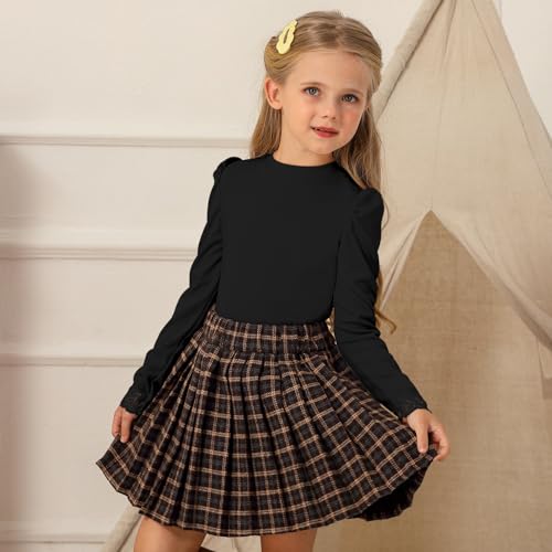 Image of Girls Blouses Long Sleeve T Shirts for Girls Tops Tees Puff Round Neck Rib Kids Tshirt White Beige Caramel