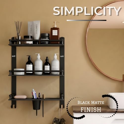 Image of GLOXY Premium Combo Pack of 3 Black Matte Finish Bathroom Shelf Rack - 4 in 1 Stainless Steel Wall Mount Bathroom Soap Rack with Toothbrush Holder - Bathroom Fittings Accessories Set