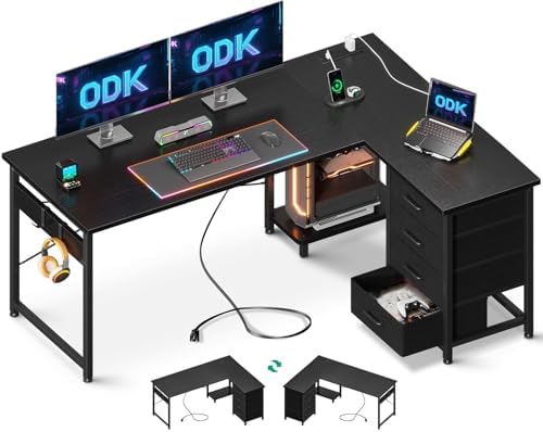 ODK Corner Desk with Drawers, Reversible L Shaped Computer Desk w...