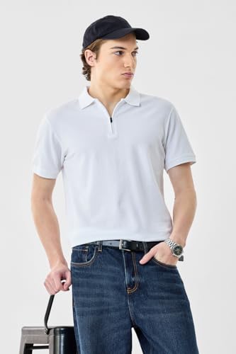 Image of SNITCH Men Polo T-Shirt | Modern Zip Closure & Textured Weave Design | 100% Cotton Breathable Fabric & Regular Fit Minimalist Style, Versatile Casual Wear