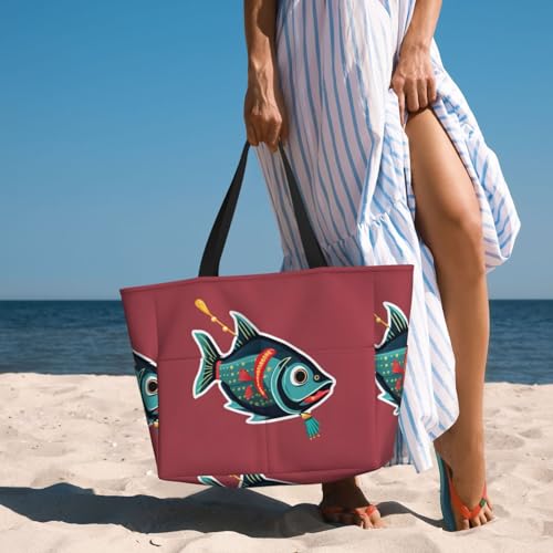 Large Capacity Beach Bag Waterproof Pool Tote for Gym Swimming Camping Carry On Bag Fish with a Lure Print3