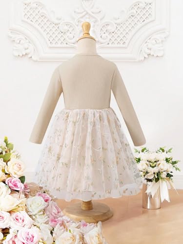 Image of Tagas Girls' Dress|Elegant Beige Baby Girl Dress with Lace Ruffles & Floral Embroidery - Long Sleeve Princess Birthday Party Dress | Comfortable & Stylish Kids Wear| PartFrock for Kids |