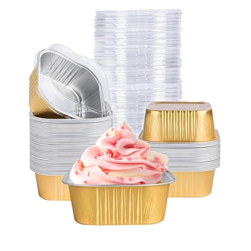 40 Pack Mini Cake Pans with Lids, 5oz Square Aluminum Foil Brownie Baking Cups, Muffin Tin Ramekins, Disposable Dessert Cupcake Cups for Wedding Birthday Party, Gold
