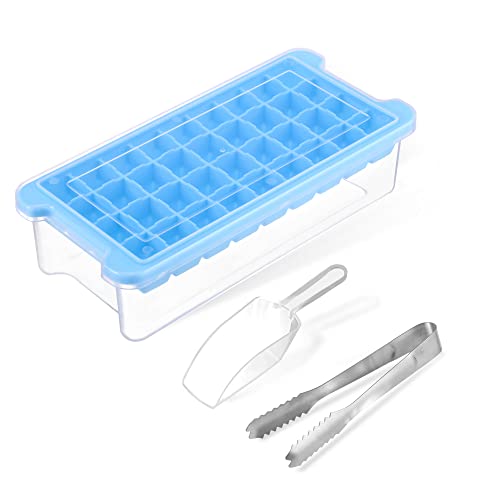 AcrossSea Eiswürfelform mit Deckel Eiswürfelbehälter mit Deckel Eiswürfelbox, Silikon-Eiswürfelform Eiswürfelbox aus Kunststoff mit Eisportionierer und Eisclip 36 Fächer(Blau) Cover