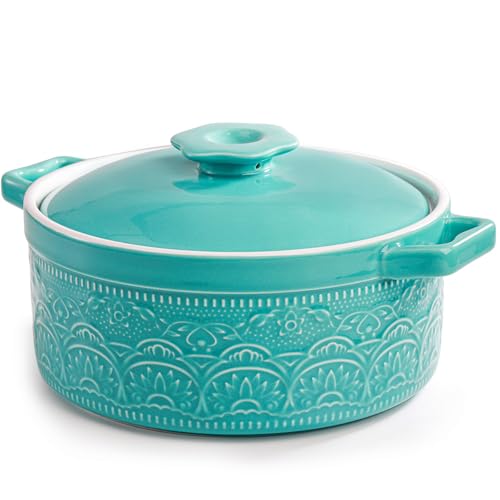 Elsjoy 2 Quart Round Ceramic Casserole Dish With Lid, 7.5 Inch Covered Casserole For Oven, Glazed Ceramic Baking Dish Vintage Bakeware For Kitchen, Turquoise