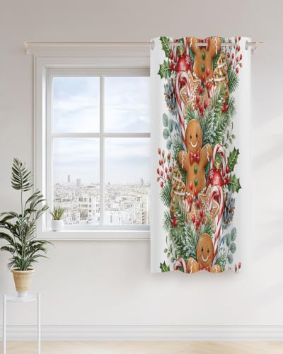 Christmas Winter Curtains 24 inches Long for Living Room Bedroom Rustic Brown Gingerbread Figures Holly Berry Sliding Door Sheer Curtains Light Filtering Curtain 1 Panel Grommet Voile Window Drape