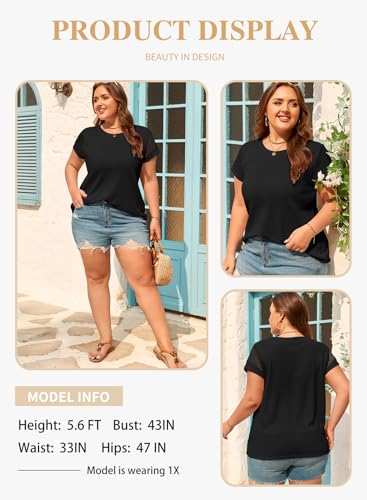 Image of Eytino Plus Size Tops for Women Waffle Knit T-Shirts Round Neck Short Sleeve Casual Loose Basic Tee Blouses(1X-5X)