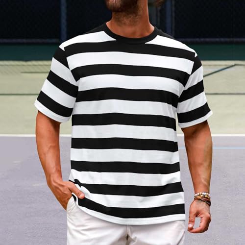 Camiseta genérica de manga corta para hombre, con rayas, cuello redondo, camiseta ancha a rayas, de algodón, de manga corta, cómoda, transpirable, sudoración, ropa de verano casual, 01#negro, M