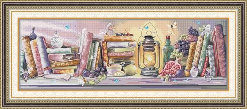 Image of CrossNest 14CT Counted Cross Stitch Kit for Beginners, Unprinted Complete DIY Embroidery Set with Pattern & Tools, Premium Aida Cloth & Threads (Oil lamp Bookshelf)