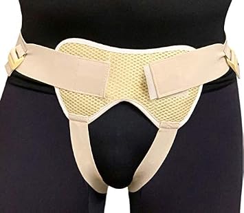 Hernia Belt - Truss Hernia Support Brace Left Right Side for Men and Women with 2 Compression Pads and Adjustable Straps - Single/Double Sports Hernia Brace Free Eyeglass Pouch Beige, Adult - Large