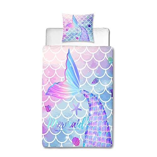 MUSOLEI Housse de Couette 135x200cm Enfant, 3D Princesse Sirène Parure de Lit 1 Personne en Microfibre avec Fermeture Éclai pour Fille avec Taie d'oreiller（65x65cm）