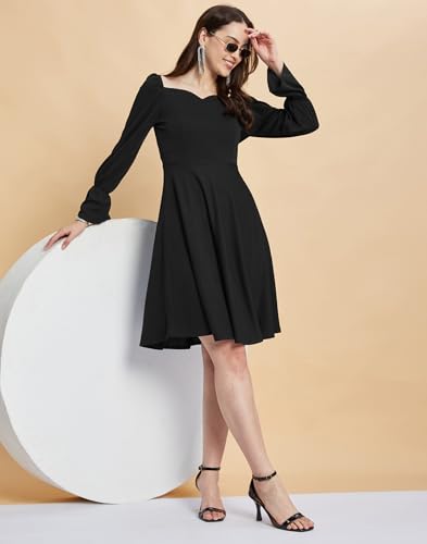 Image of SIRIL Women's Full Sleeve Polyester Solid Fit & Flare Dress, One Piece Dress for Women