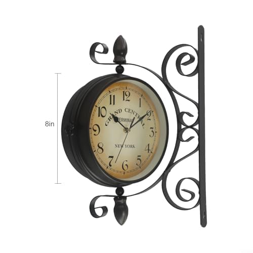Reloj de pared de doble cara estilo estación de hierro redondo antiguo de 8 pulgadas reloj silencioso de cuarzo con números grandes para sala de estar, pasillo, porche, reloj de pared retro vintage