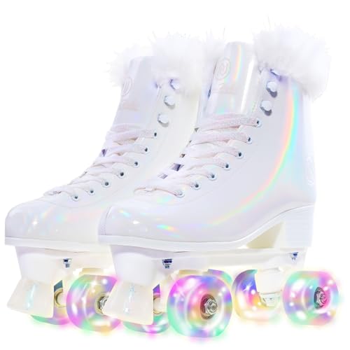 JajaHoho Roller Skates for Women, Holographic High Top Classic Rollerskates, with Light-Up LED Flashing Wheels, Shiny Double-Row Glitter Quad Skates for Girls, Indoor & Outdoor (White Swan, Size 1)