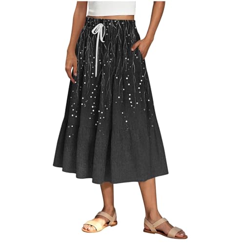 Womens Boho Maxi Skirts 2025 Trendy Fall Flowy Swing Tiered A-Line Floral Skirt Elastic High Waisted Casual Skirts