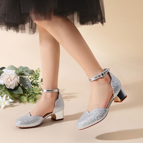 PATPAT Silver Glitter Girls Mary Jane Shoes - Low Heel Princess Dress Up Footwear for School, Weddings & Parties angle 2