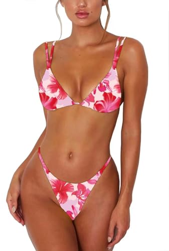 Image of Women's Sexy Thong Bottom Two Piece Bikini Double Shoulder Straps Cute Swimsuit Triangle Bathing Suit