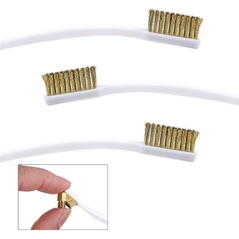 FOGAWA 3Pcs Mini Brass Wire Brush Set Metal Rust Brush Copper Wire Toothbrush Bristle Scratch Brush with Curved Handle for 3D Printer Nozzle Cleaning Welding Slag (A-3pcs) Cover