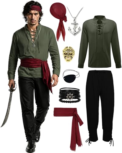 Mens Pirate Costume Set 8-Piece Renaissance Medieval Outfit with Shirt Pants Sash Accessories for Halloween Party Cosplay (Green 3XL)
