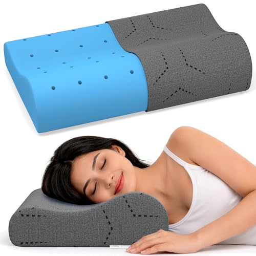 Image of MYARMOR Cool Gel Cervical Pillow for Neck Pain | Contour Design for Neck & Shoulder Pain Relief | Dual Height Ergonomic Support | 18 x 11 x 3.5 Inch | 2 Years Warranty | Grey Cover - Pack of 1