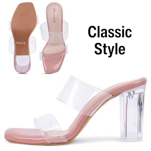 Image of TRASE Transparent Double Strap Block Heels for Women Stylish | Fashionable Heel Sandals for Girls | Elegant & Formal Footwear