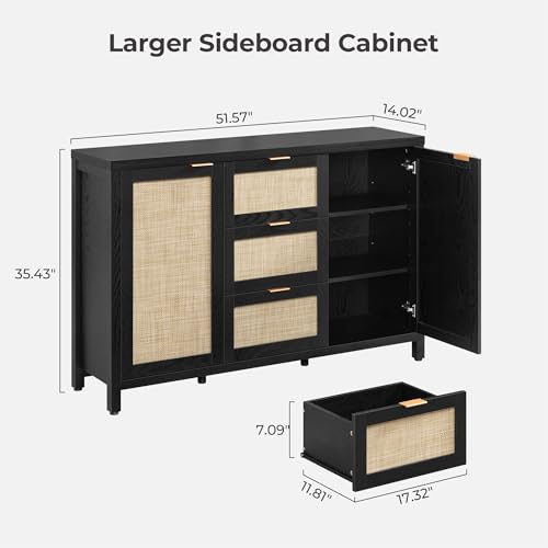 Image of SICOTAS Sideboard Buffet Cabinet with 3 Drawers, Rattan Storage Cabinet | 52 Inch Larger Farmhouse Boho Credenza Coffee Bar Cabinet with Storage, Console Table for Living Room, Kitchen, 2 Pieces