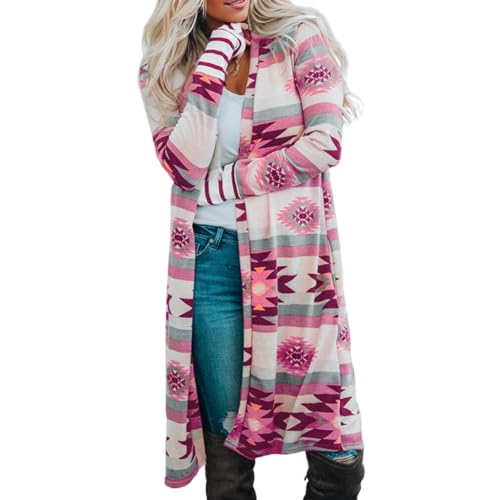 Women's Tribal Aztec Print Long Cardigan Enthnic Boho Long Sleeve Open Front Lightweight Knitted Cardigan